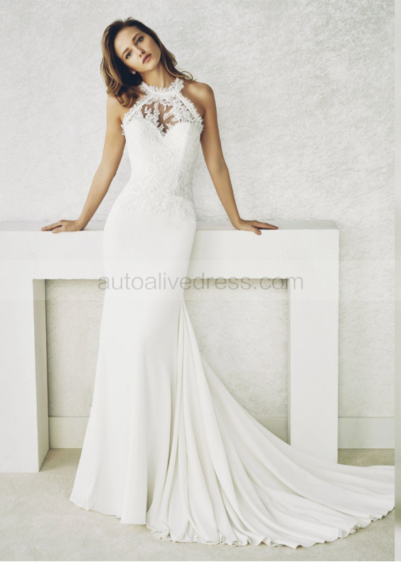 Halter Neck Ivory Lace Chiffon Wedding Dress